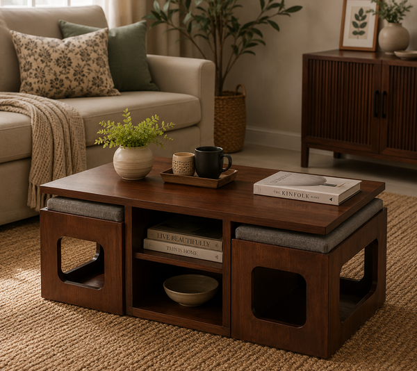 Modern Solid Sheesham Wood Coffee Table with 2 Cushioned Stools | Space Saving Center Table with Dual Storage Shelves for Living Room | Premium Brown Finish 