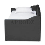 Side view of black Krease Daybed with Trundle Bed, emphasizing its modern silhouette and velvet texture.