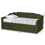 Green Krease Upholstered Daybed with Trundle Bed dimensions labeled, ideal for planning space in small bedrooms or guest rooms.