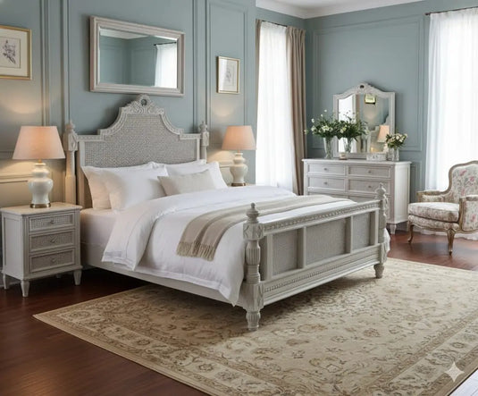 Translation missing: en.Hand-Carved French Cane Bed - Exquisite Artisan Design - Premium Queen Size Mango Wood in Light Grey 