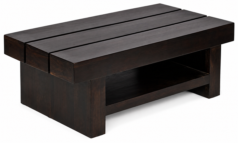 Solid Sheesham Wood Coffee Table in Teak Finish | Rustic Plank-Top Center Table with Bottom Storage Shelf for Living Room & Office Lounge | Heavy Duty Wooden Tea Table 