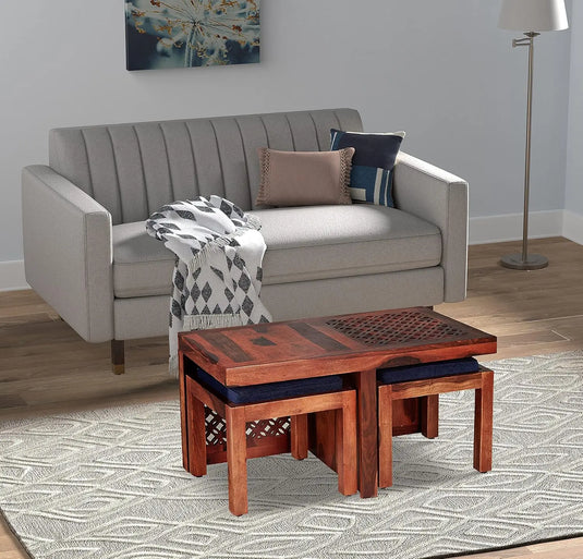 Translation missing: en.Sheesham Wood Jose Stylish Coffee Table with 2 Stools for Living Room Center Teapoy Table for Home | Brown Finish 