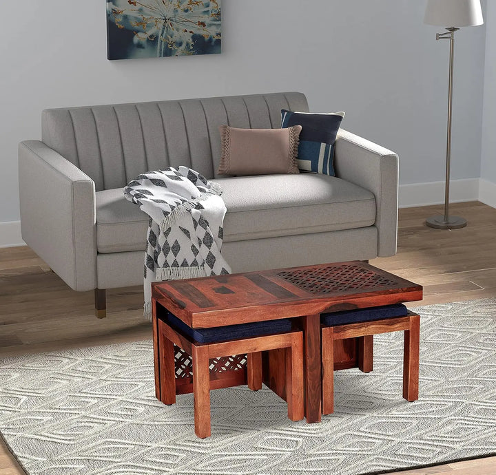 Translation missing: en.Sheesham Wood Jose Stylish Coffee Table with 2 Stools for Living Room Center Teapoy Table for Home | Brown Finish 