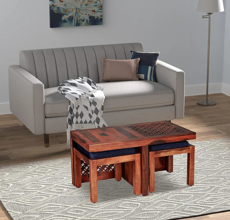 Sheesham Wood Jose Stylish Coffee Table with 2 Stools for Living Room Center Teapoy Table for Home | Brown Finish 