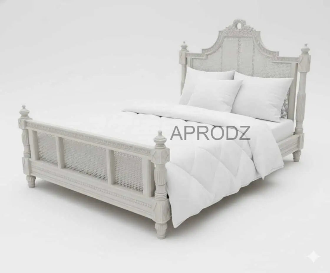 Hand-Carved French Cane Bed - Exquisite Artisan Design - Premium Queen Size Mango Wood in Light Grey 