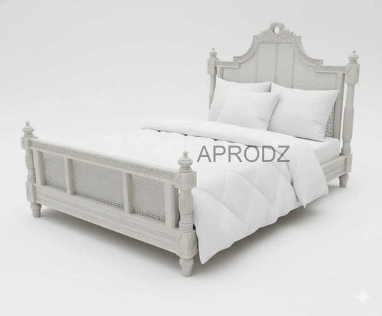 Translation missing: en.Hand-Carved French Cane Bed - Exquisite Artisan Design - Premium Queen Size Mango Wood in Light Grey 