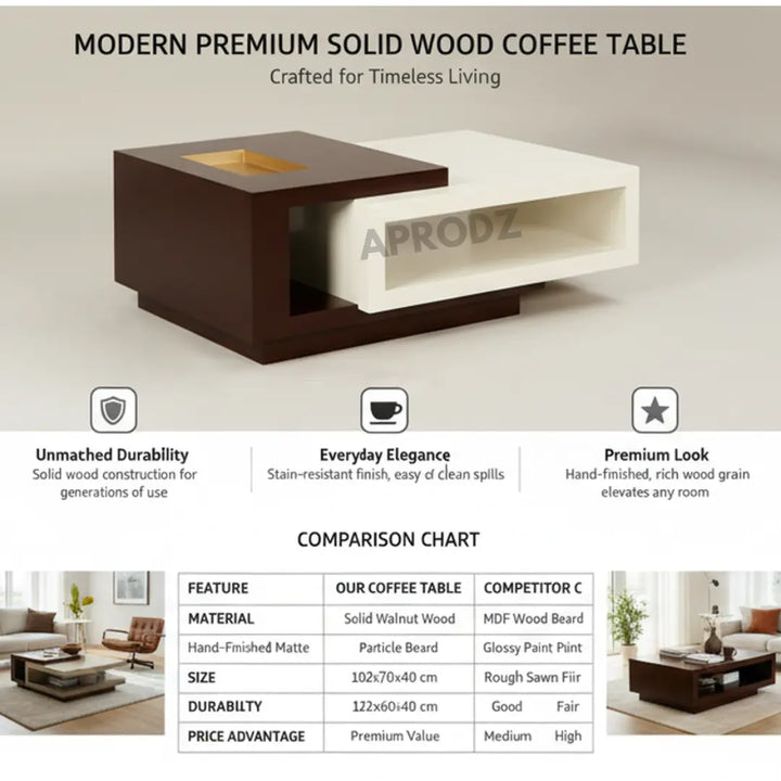 Translation missing: en.Solid Wood Coffee Table (Finish Color - White &amp; Black, Pre-assembled) 