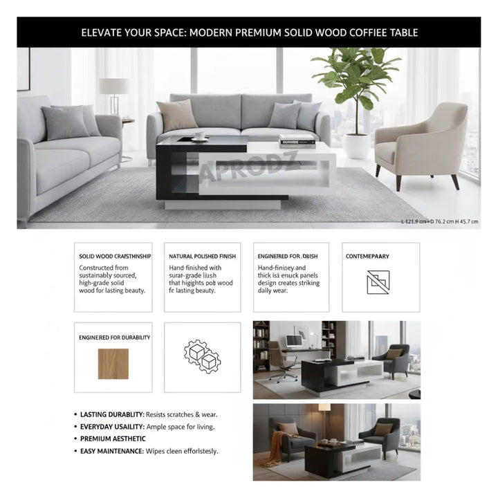 Translation missing: en.Solid Wood Coffee Table (Finish Color - White &amp; Black, Pre-assembled) 