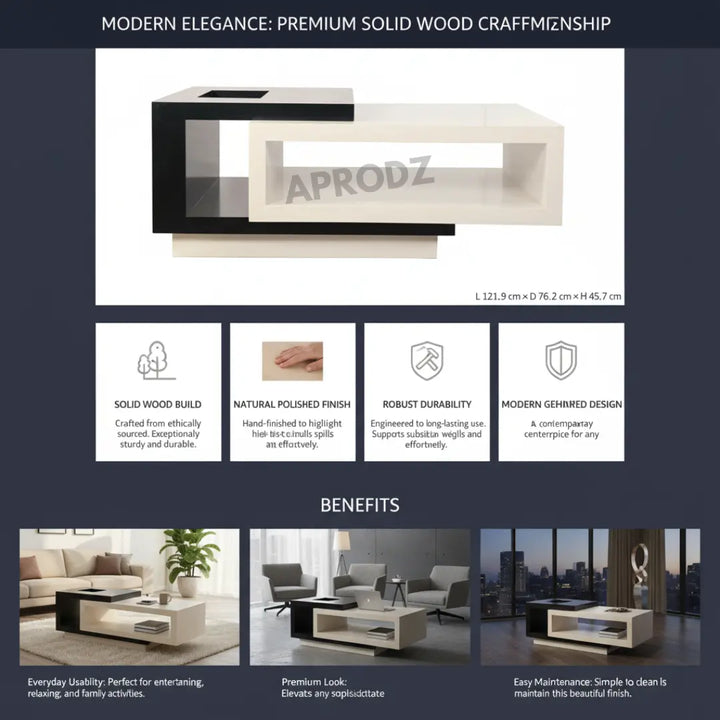 Translation missing: en.Solid Wood Coffee Table (Finish Color - White &amp; Black, Pre-assembled) 