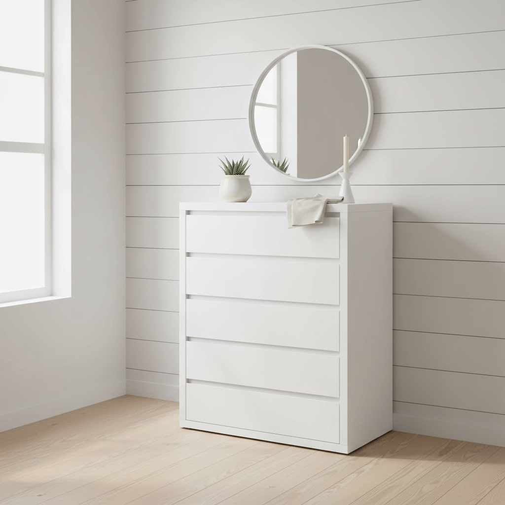 Mango Wood Warsaw Chest of 5 Drawers Storage Dresser for Living Room Furniture (White Finish) 