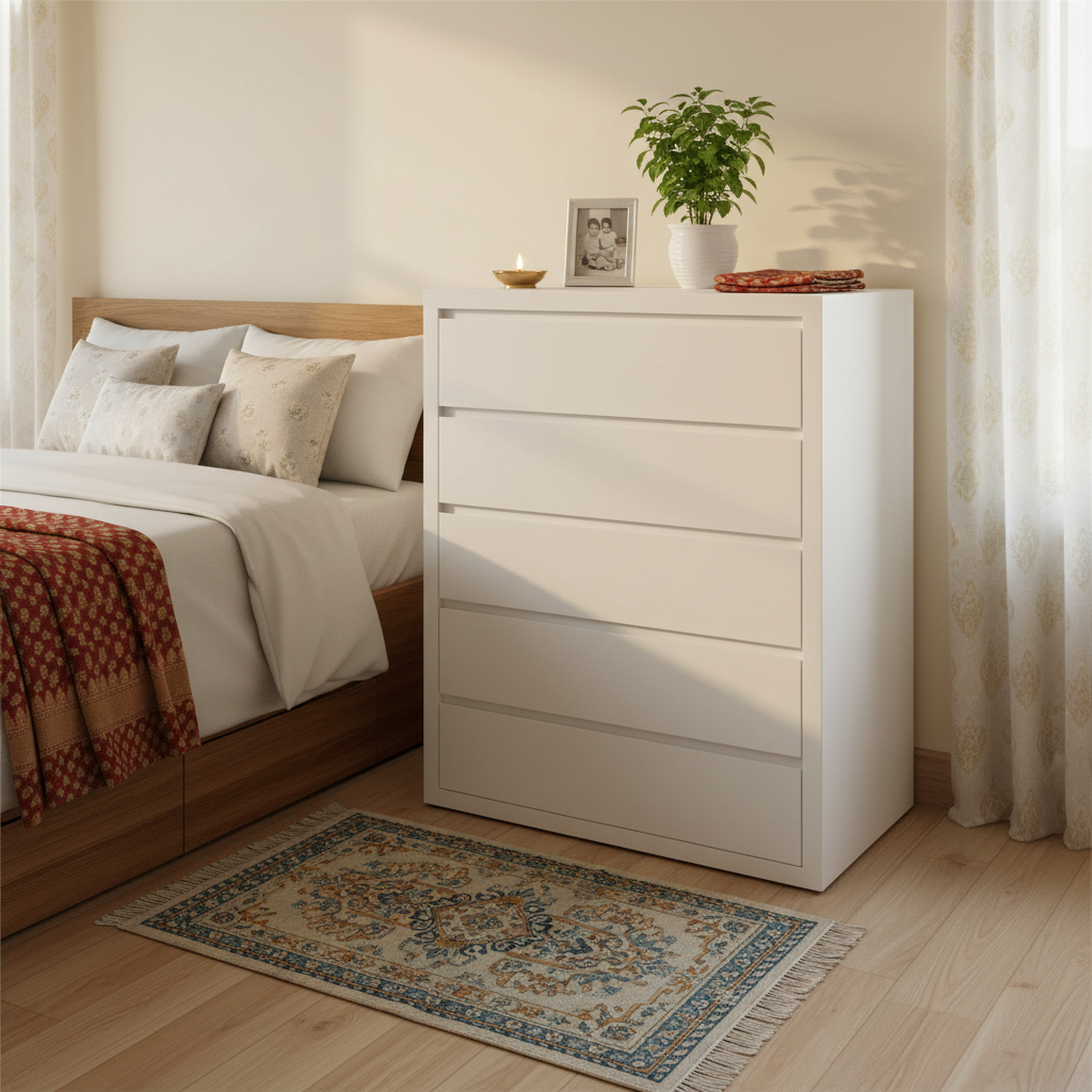 Mango Wood Warsaw Chest of 5 Drawers Storage Dresser for Living Room Furniture (White Finish) 