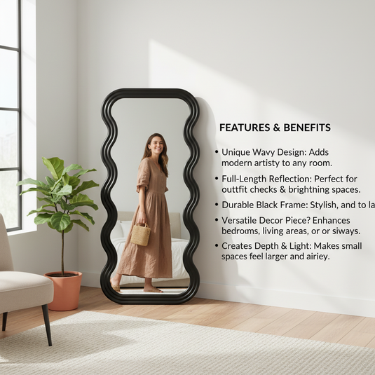 Translation missing: en.Full Length Wave Mirror | Modern Wavy Frame Full Body Floor Mirror | Decorative Standing Dressing Mirror for Bedroom, Living Room &amp; Studio Décor 