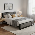 Upholstered Platform Bed Modern Bed Frame with Charging Station, Bed Metal with Velvet Tufted Headboard, No Spring Boxing Needed Grey Fabric + Black Powdercaoted 