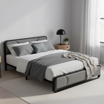 Upholstered Platform Bed Modern Bed Frame with Charging Station, Bed Metal with Velvet Tufted Headboard, No Spring Boxing Needed Grey Fabric + Black Powdercaoted 