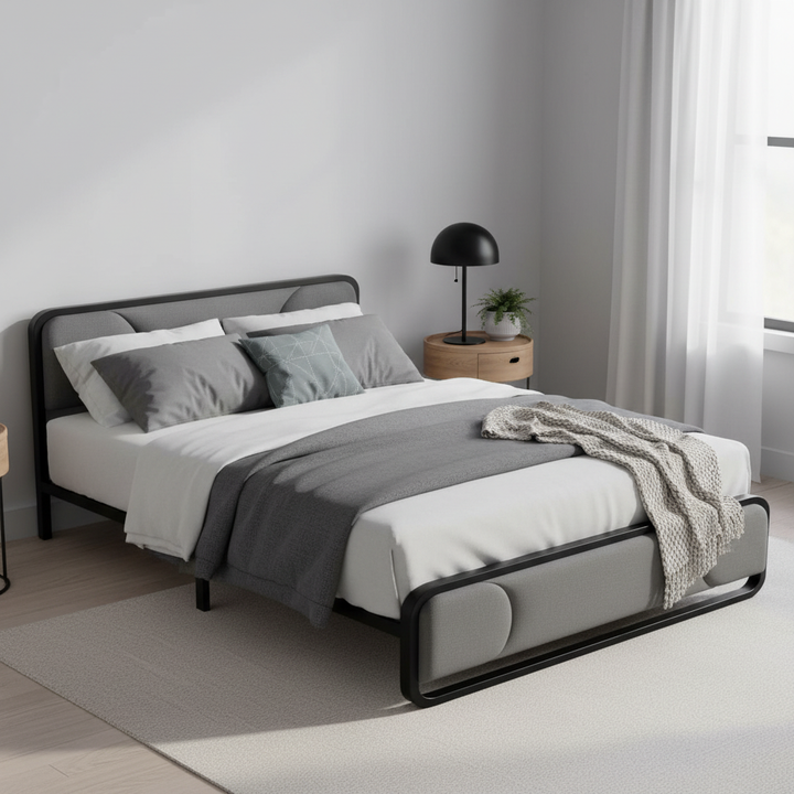 Translation missing: en.Upholstered Platform Bed Modern Bed Frame with Charging Station, Bed Metal with Velvet Tufted Headboard, No Spring Boxing Needed Grey Fabric + Black Powdercaoted 