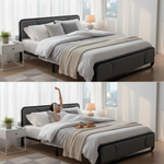 Upholstered Platform Bed Modern Bed Frame with Charging Station, Bed Metal with Velvet Tufted Headboard, No Spring Boxing Needed Grey Fabric + Black Powdercaoted 