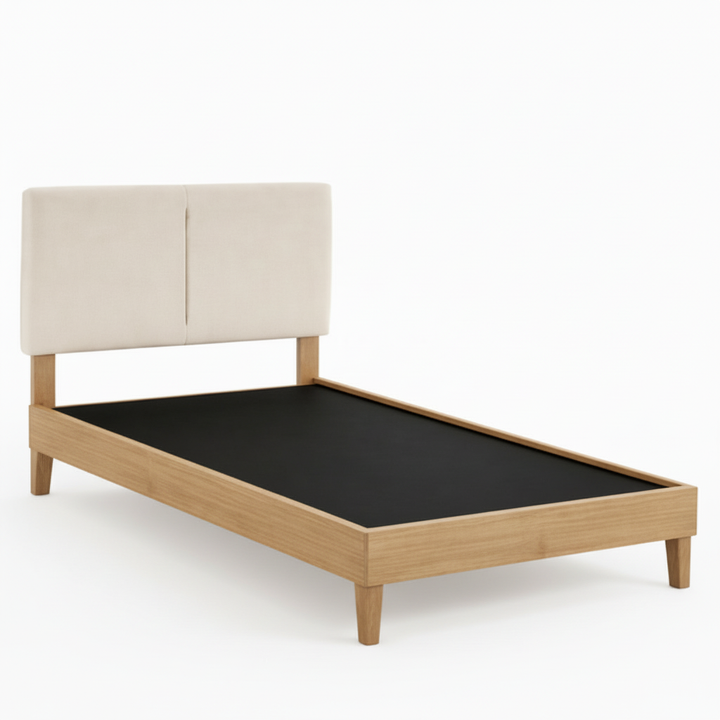 Translation missing: en.Bennett Bed with Wooden FramePlatform Bed Frame Upholstered Headboard, No Box Spring Needed, Wooden Slat Support Beige Fabric 