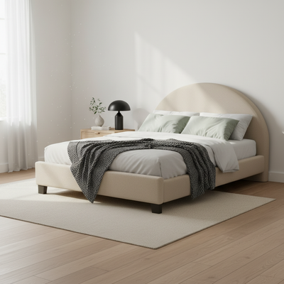 Upholstered Bed Frame, Green Fabric with Wooden Construction, Arched Headboard Platform Bed