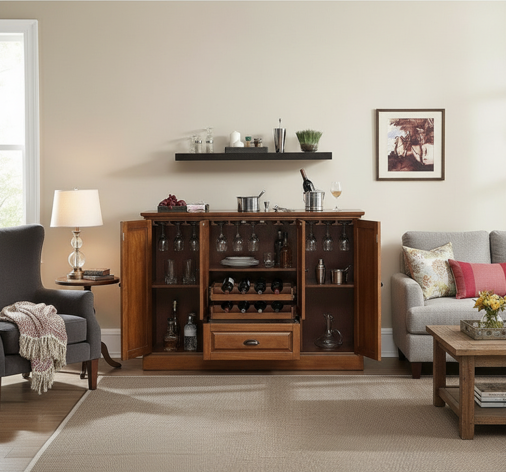 Mango Wood Peetz Royal Bar Cabinet – Stylish Home Bar Furniture with Wine Glass Storage & Shelves for Living Room, Dining & Lounge 