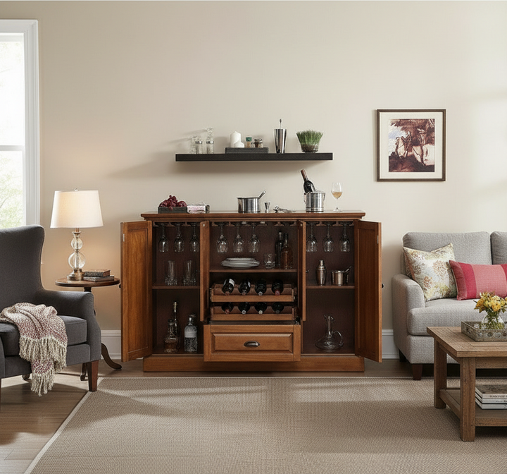 Translation missing: en.Mango Wood Peetz Royal Bar Cabinet – Stylish Home Bar Furniture with Wine Glass Storage &amp; Shelves for Living Room, Dining &amp; Lounge 