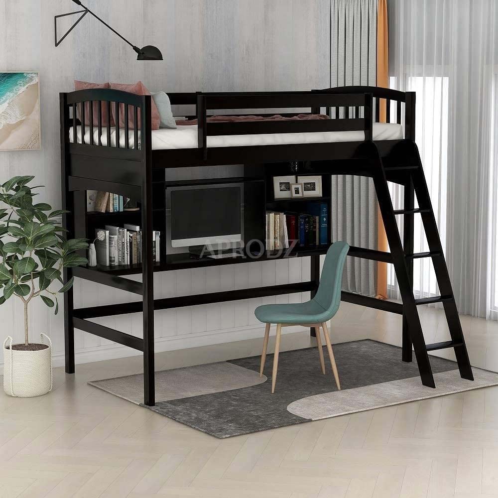 A espresso-finished twin loft bunk bed with a desk underneath and a ladder, set in a room with a chair and a plant.
