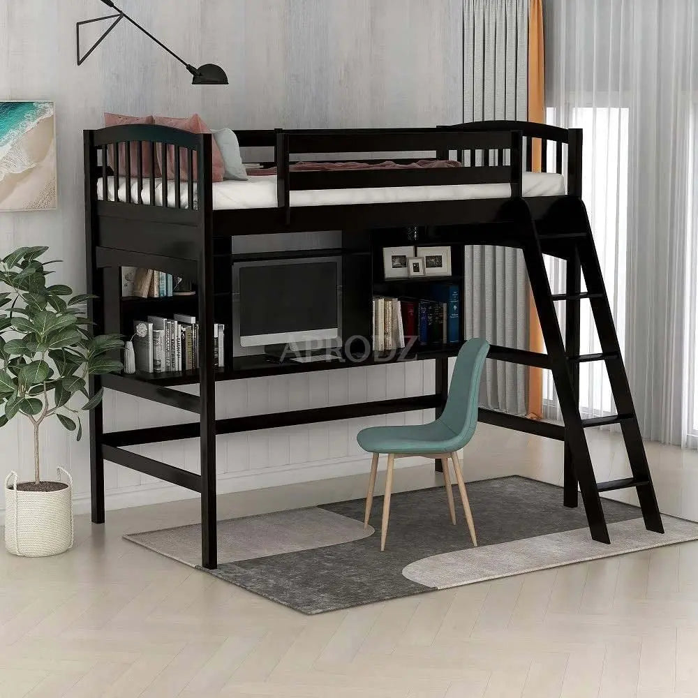 Translation missing: en.A espresso-finished twin loft bunk bed with a desk underneath and a ladder, set in a room with a chair and a plant