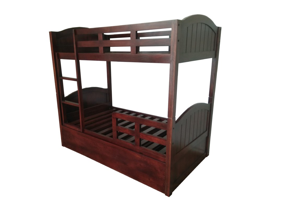 A brown finish mango wood bunk bed with a trundle underneath, designed for kids' bedrooms.