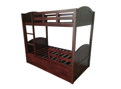 A brown finish mango wood bunk bed with a trundle underneath, designed for kids' bedrooms.