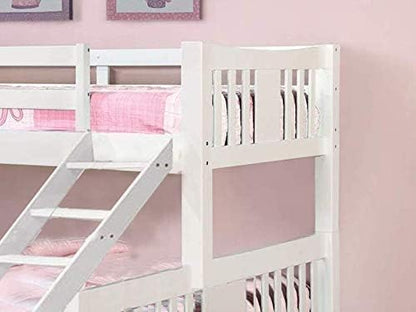 White bunk bed with pink bedding against a pink wall