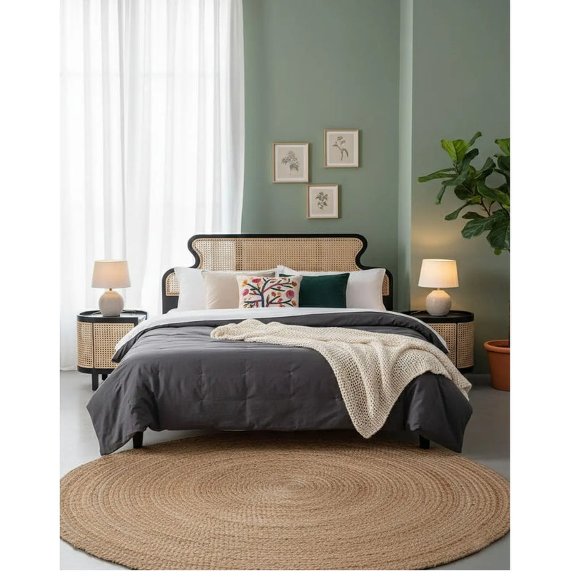 Cane Bed with Solid Wood Frame – King & Queen Size Wooden Bed, Black Finish 