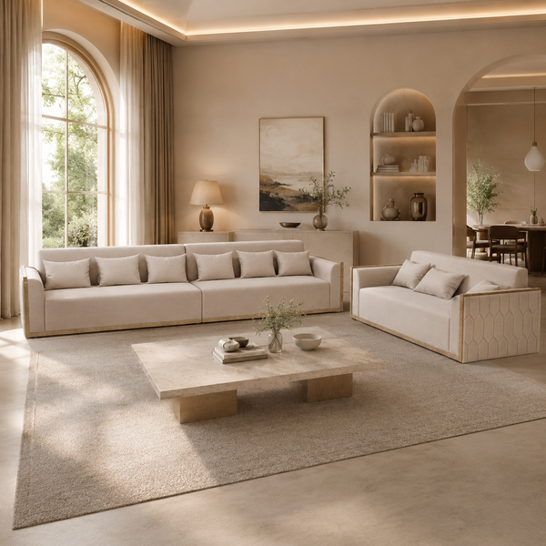 Elegant Beige Fabric 6+3 Seater Sofa Set with Wooden Accents 