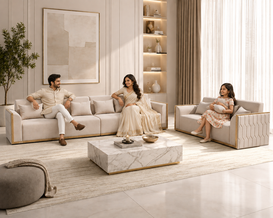 Translation missing: en.Elegant Beige Fabric 6+3 Seater Sofa Set with Wooden Accents 