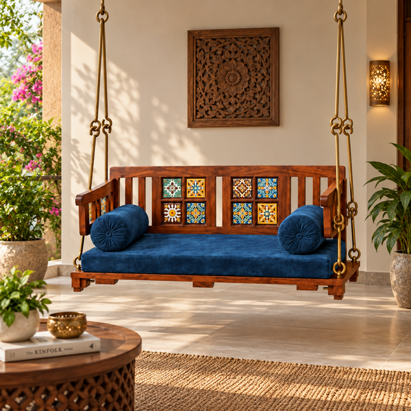 APRODZ Swing for Home Solid Sheesham Wooden Jhula for Adult for Home | Wooden Swing for Balcony | with Brass Coated Chain | Patio Double Seater Indoor/Outdoor Swing, DIY Assembly 