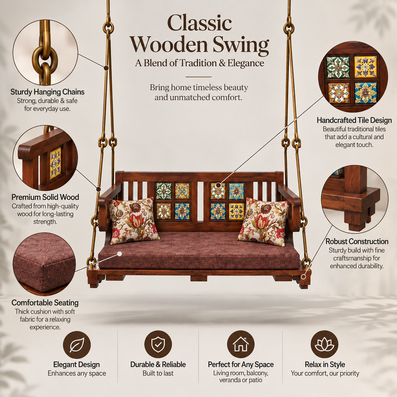 APRODZ Swing for Home Solid Sheesham Wooden Jhula for Adult for Home (Walnut Finish) | Wooden Swing for Balcony | with Brass Coated Chain | Patio Double Seater Indoor/Outdoor Swing , DIY Assembly  swing