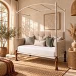 Iron Canopy Daybed with Turned Wood Legs - Antique White & Natural Wood 