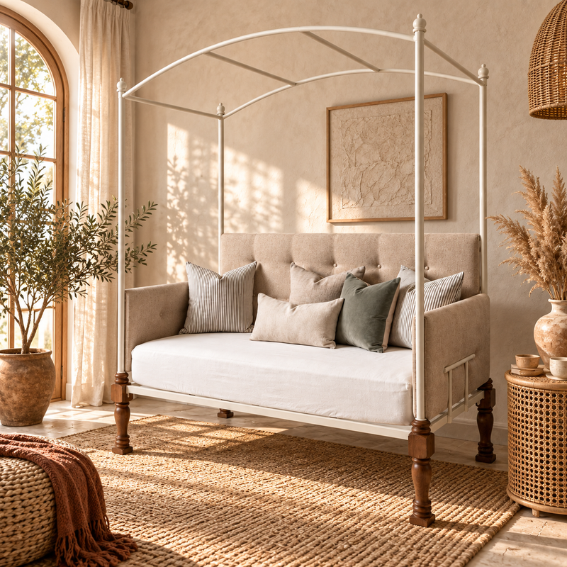 Iron Canopy Daybed with Turned Wood Legs - Antique White & Natural Wood 
