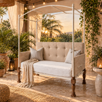 Iron Canopy Daybed with Turned Wood Legs - Antique White & Natural Wood 