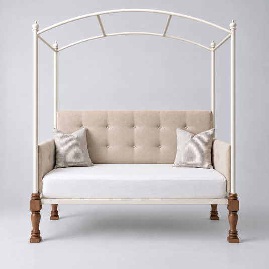 Translation missing: en.Iron Canopy Daybed with Turned Wood Legs - Antique White &amp; Natural Wood 