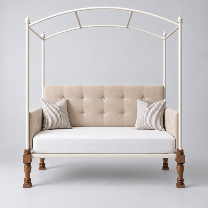Translation missing: en.Iron Canopy Daybed with Turned Wood Legs - Antique White &amp; Natural Wood 