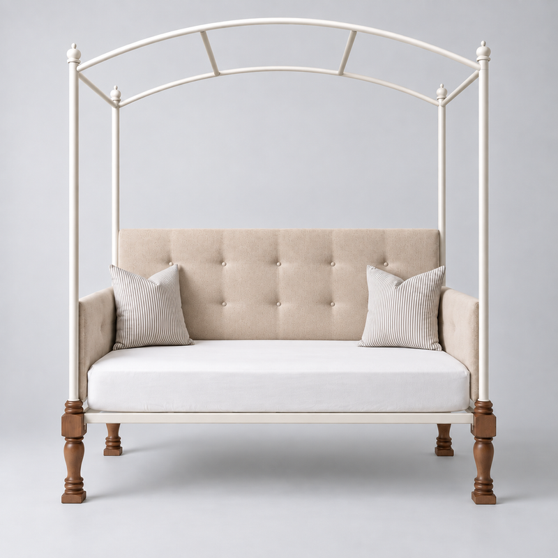 Iron Canopy Daybed with Turned Wood Legs - Antique White & Natural Wood 