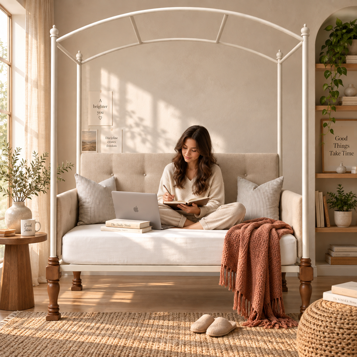 Translation missing: en.Iron Canopy Daybed with Turned Wood Legs - Antique White &amp; Natural Wood 