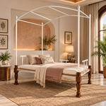 Iron Canopy Daybed with Turned Wood Legs - Antique White & Natural Wood 
