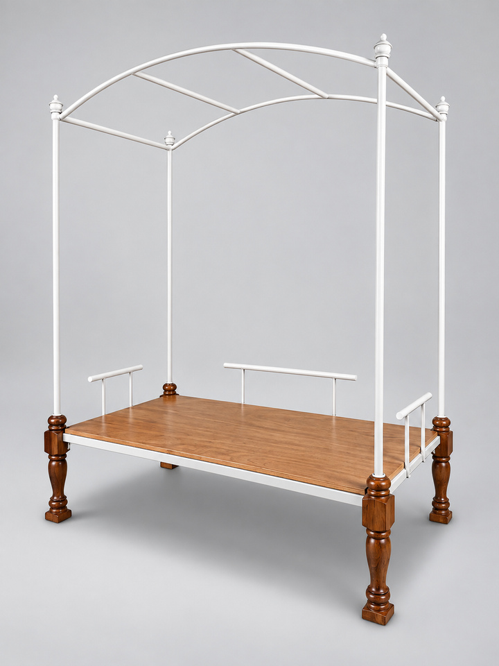 Translation missing: en.Iron Canopy Daybed with Turned Wood Legs - Antique White &amp; Natural Wood 