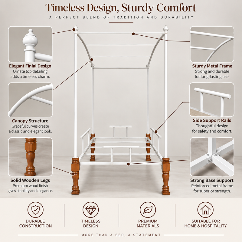 Iron Canopy Daybed with Turned Wood Legs - Antique White & Natural Wood 