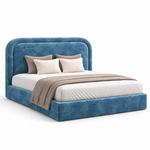 Ocean Blue Upholstered Platform Bed with Curved Rounded Headboard & Textured Fabric Frame 