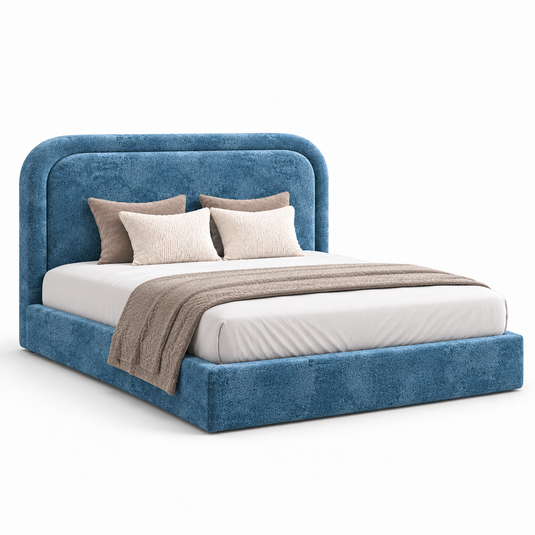 Translation missing: en.Ocean Blue Upholstered Platform Bed with Curved Rounded Headboard &amp; Textured Fabric Frame 