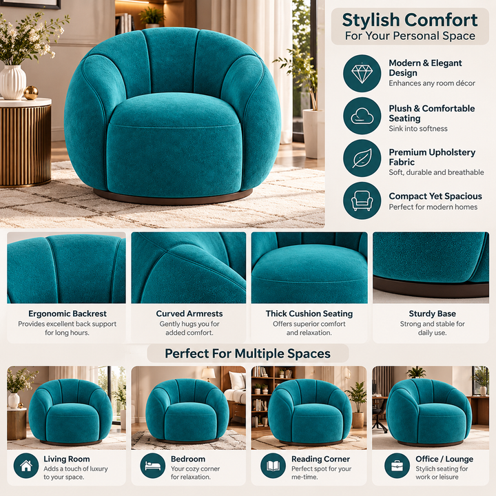 Translation missing: en.Swivel Accent Chair, Round Barrel Chair with Channel Tufted Back for Living Room, Bedroom, Upholstered Comfy Armchair 