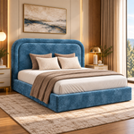 Ocean Blue Upholstered Platform Bed with Curved Rounded Headboard & Textured Fabric Frame 