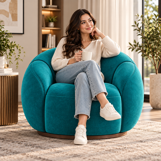 Translation missing: en.Swivel Accent Chair, Round Barrel Chair with Channel Tufted Back for Living Room, Bedroom, Upholstered Comfy Armchair 