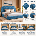Ocean Blue Upholstered Platform Bed with Curved Rounded Headboard & Textured Fabric Frame 